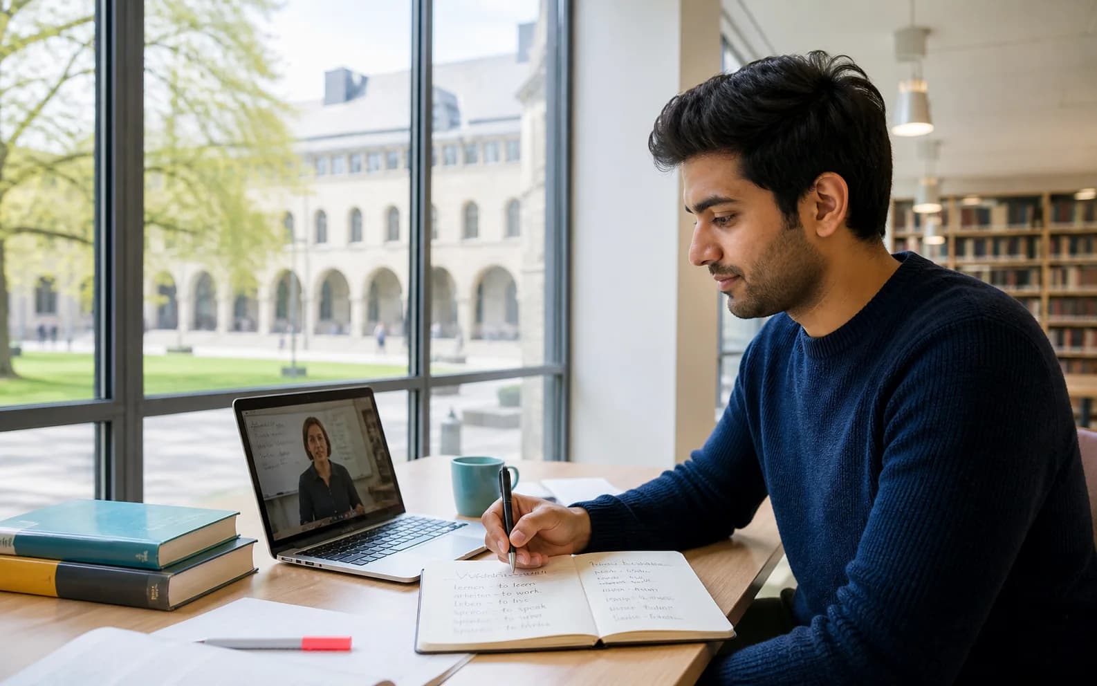 Adult learner studying German during a live online lesson in a bright library