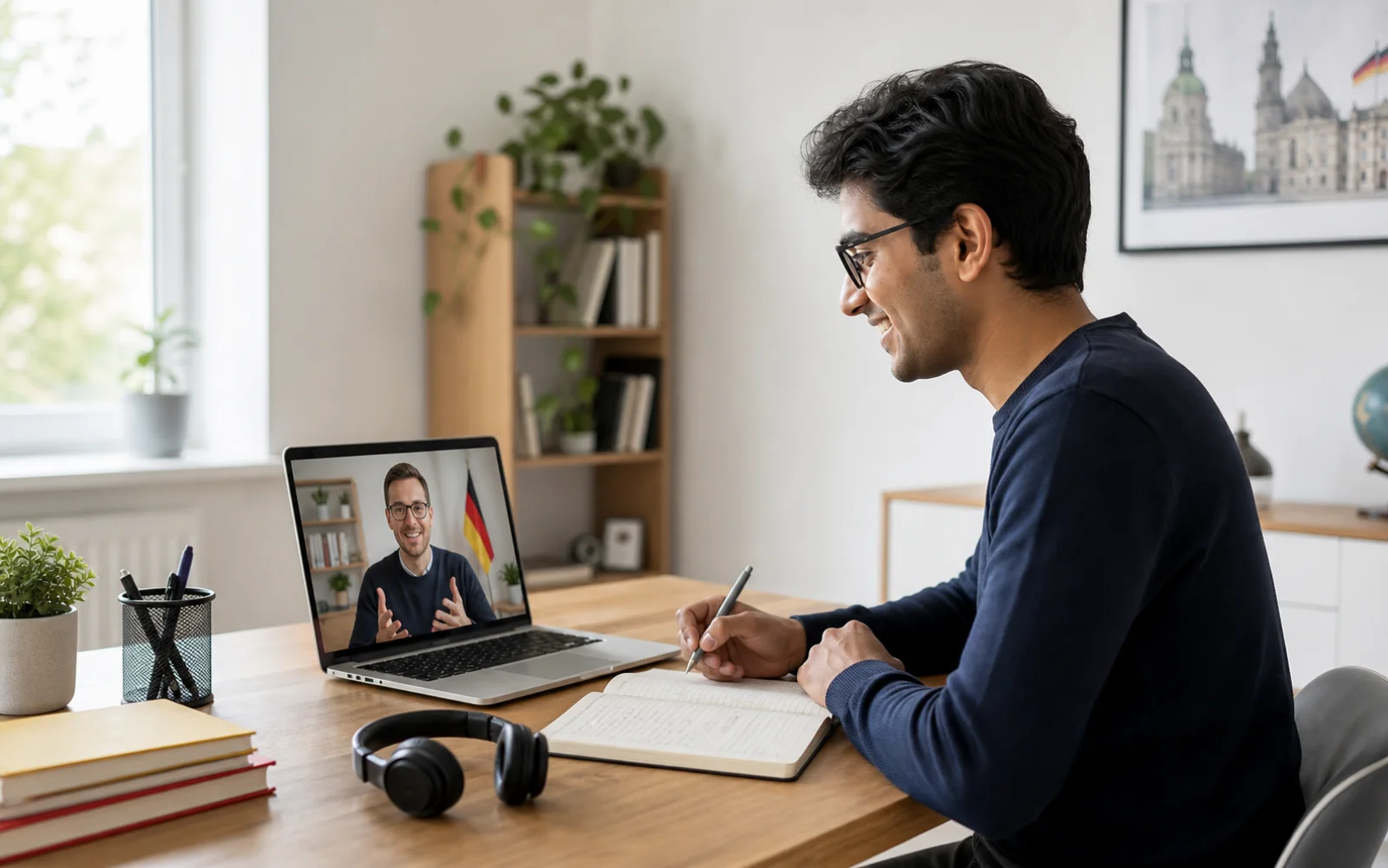 Student learning German in a live online lesson with a tutor